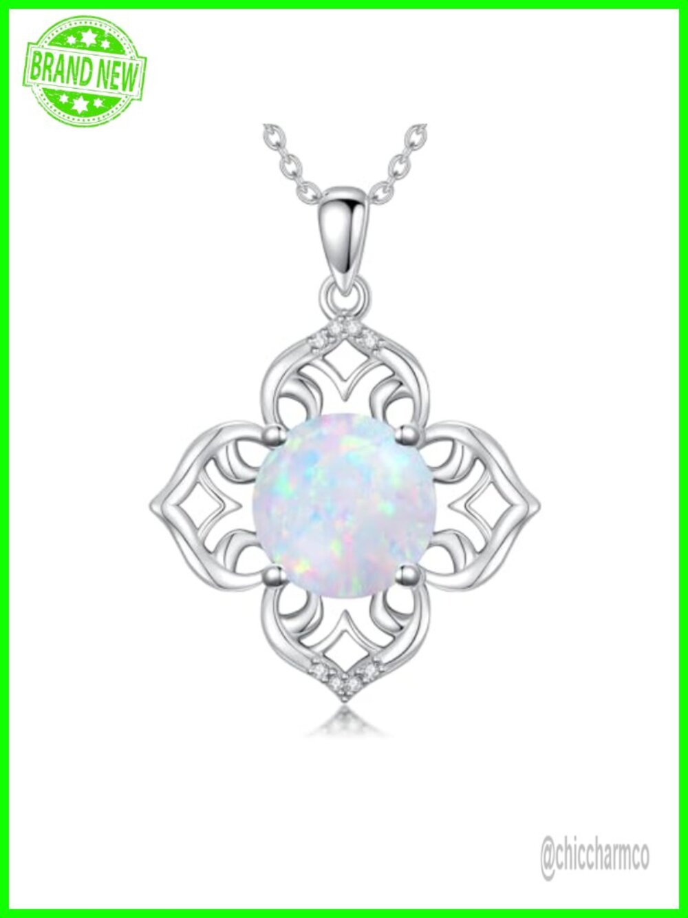 925 Sterling Silver White Opal Diamond Necklace 18+2 Inch